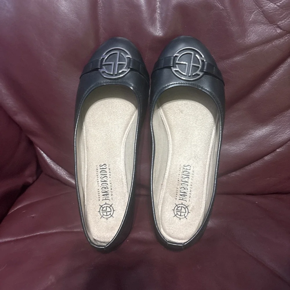Harborsides Memory Foam Wide‎ Flats Size 9w Black Leather Slip On